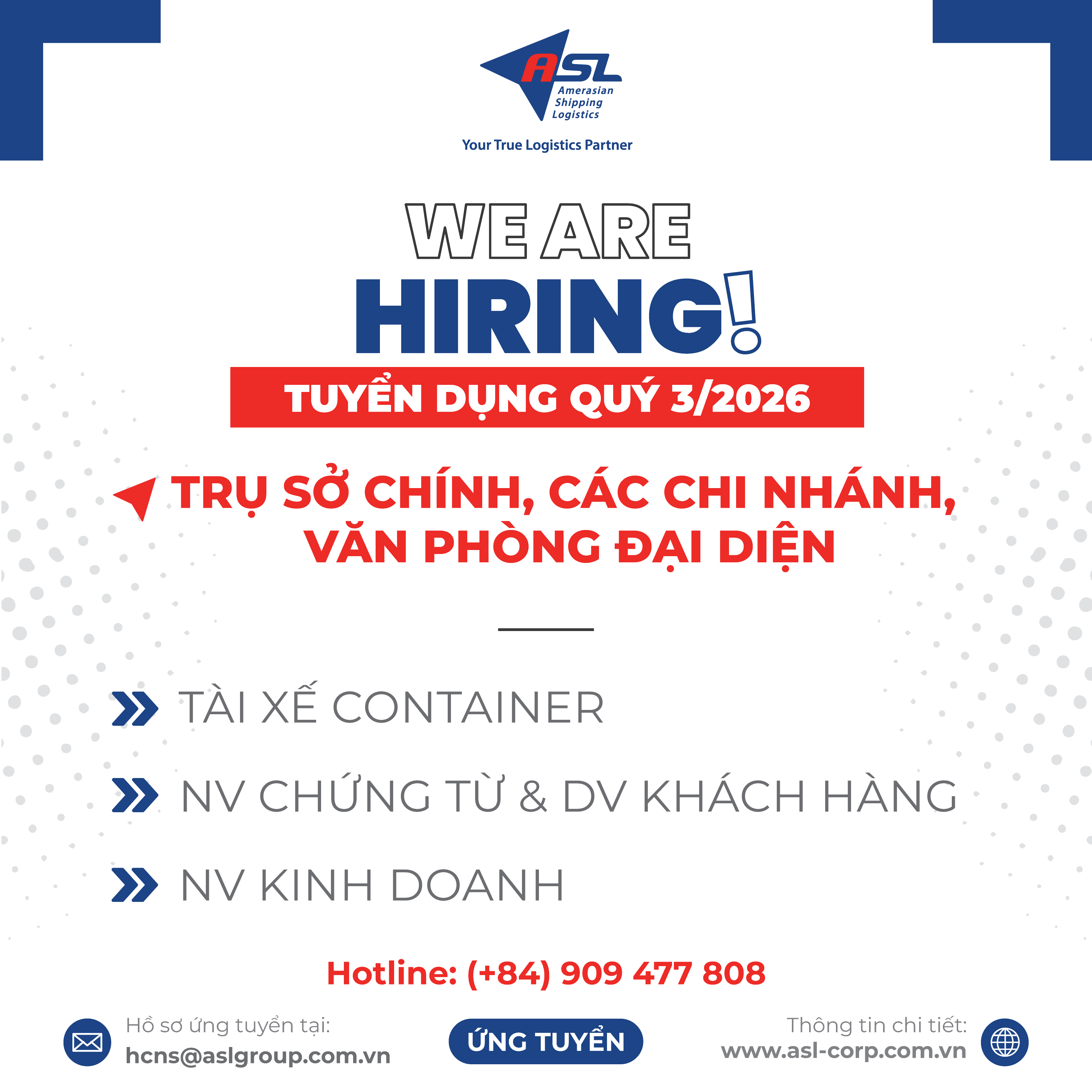 ASL LOGISTICS THÔNG BÁO TUYỂN DỤNG QUÝ 03 - 2026
